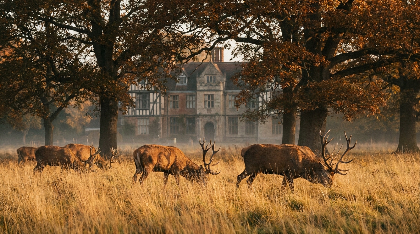 Red deer grazing in Ashton Court estate with the Tudor mansion in the background