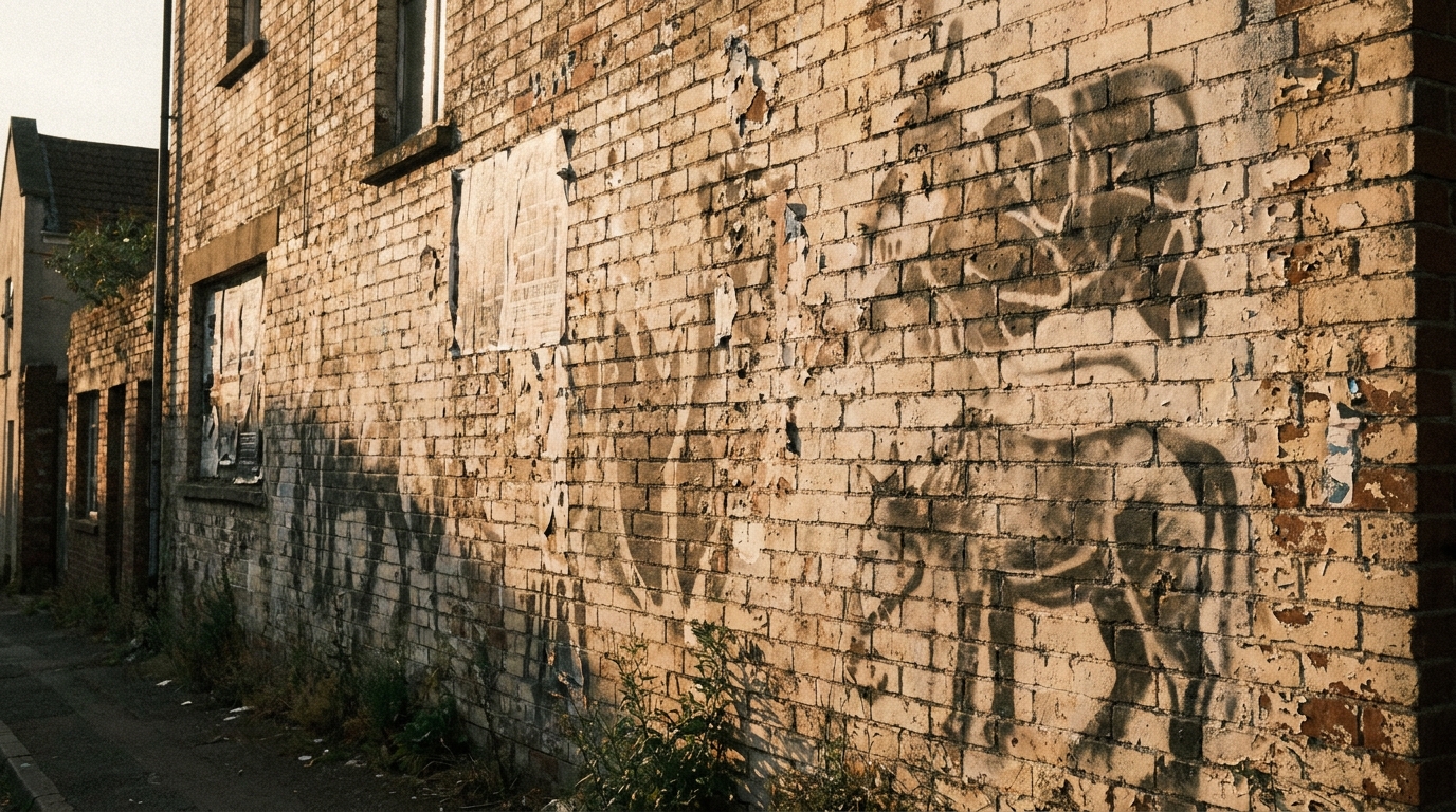 A Banksy stencil on a Bristol wall, with passers by