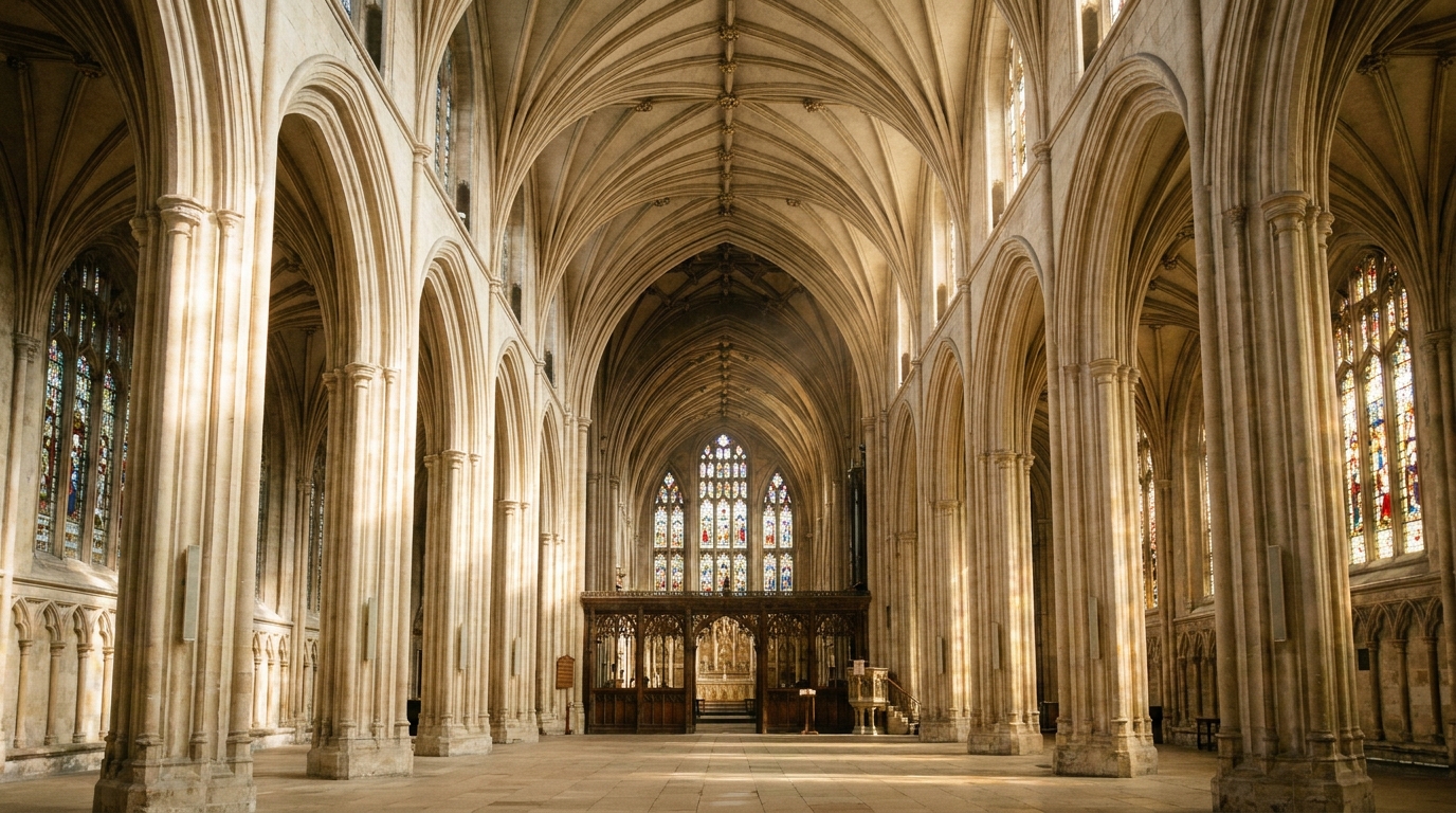 Interior of Bristol Cathedral with its distinctive equal-height nave and choir