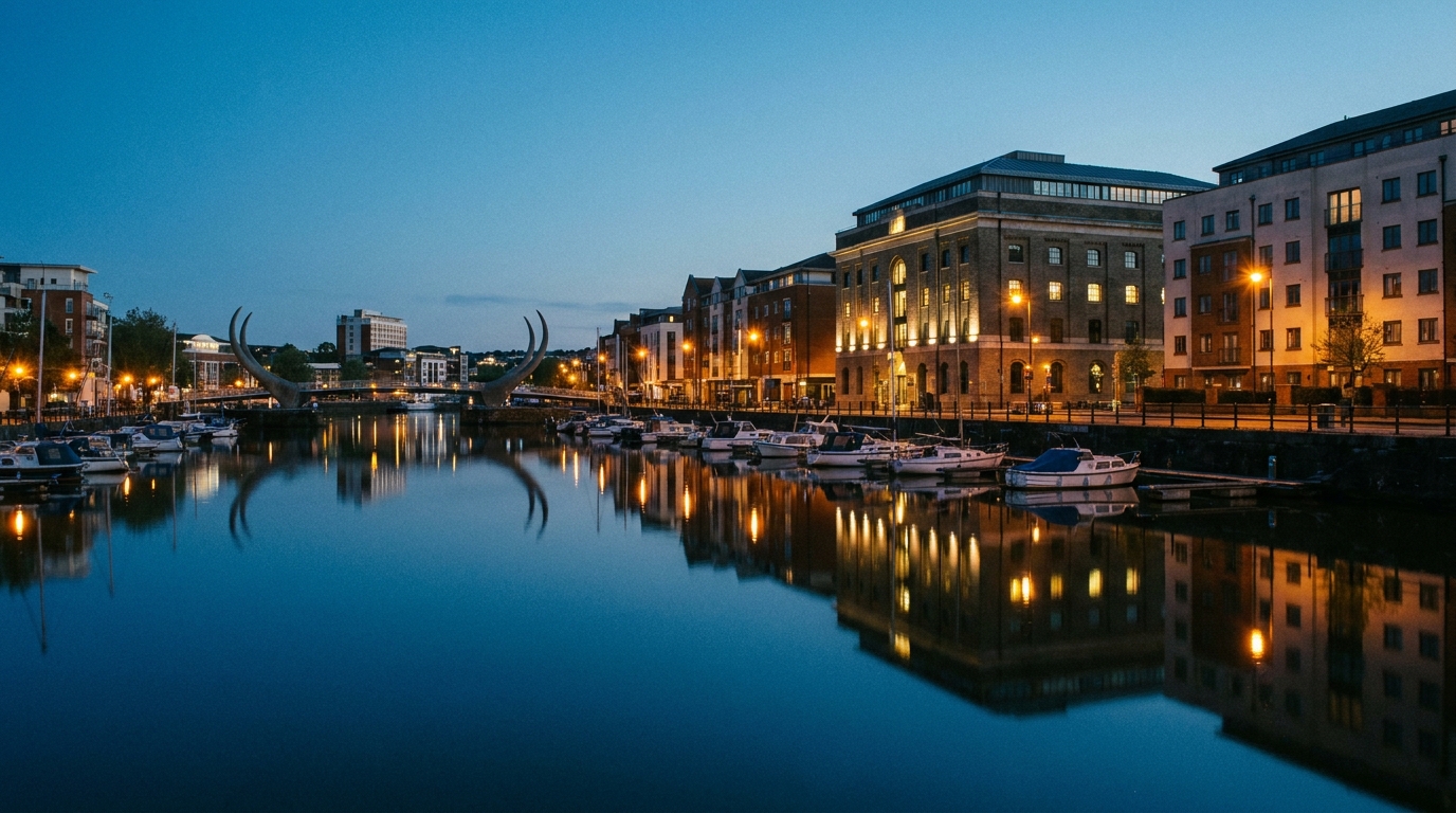 Bristol Floating Harbour at twilight with lit boats and the Arnolfini
