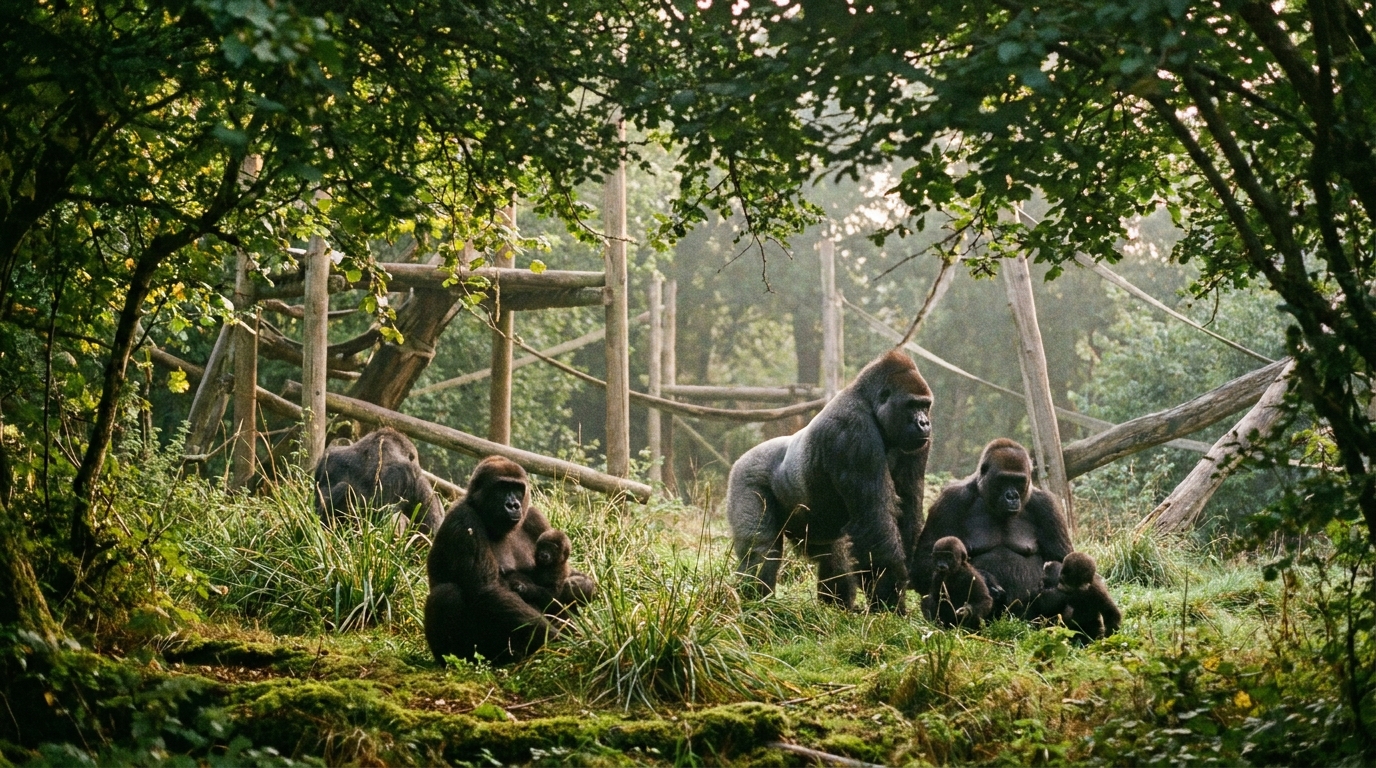 Gorillas in a forest-themed enclosure at the Bristol Zoo Project conservation site