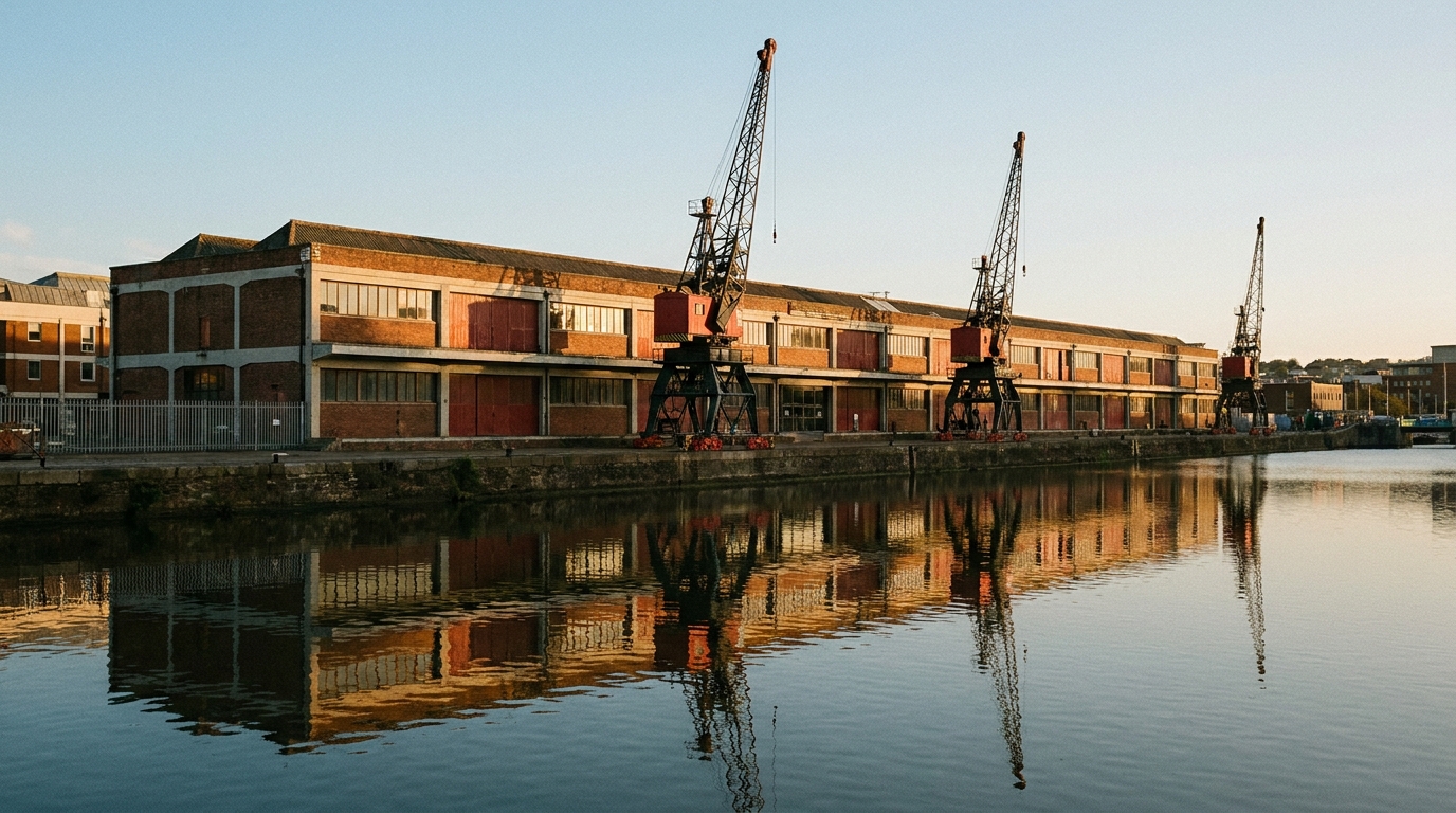M Shed museum on Bristol Harbourside with working cranes outside