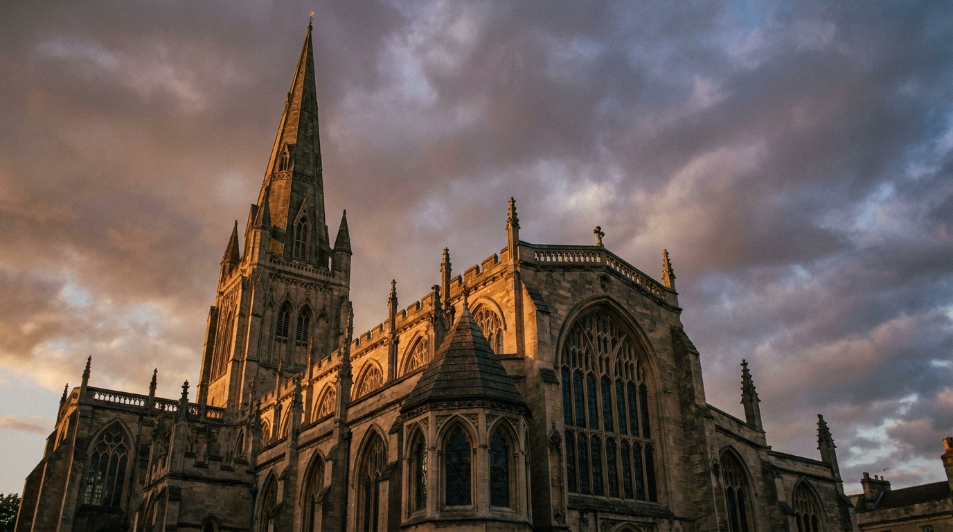 The west front and spire of St Mary Redcliffe church in Bristol