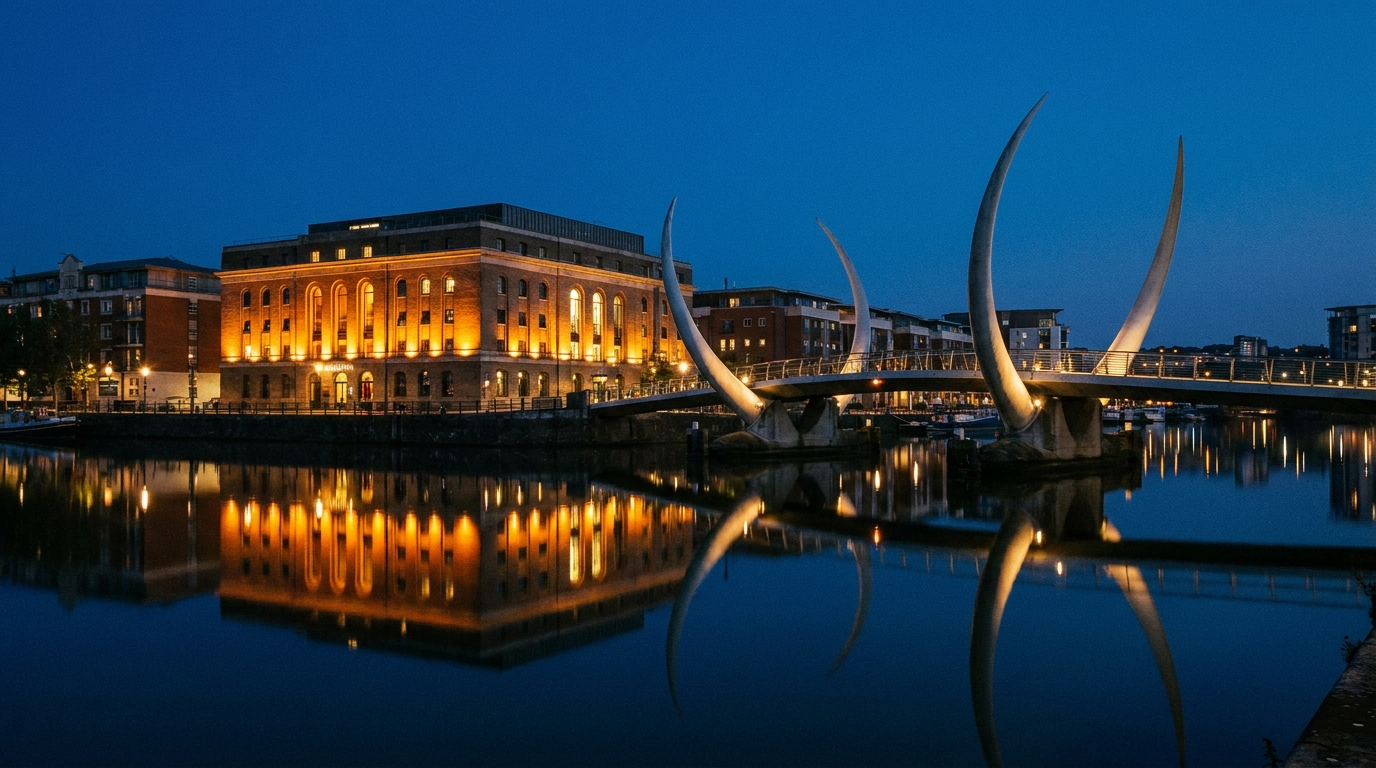 Harbourside at dusk with the Arnolfini, Bristol