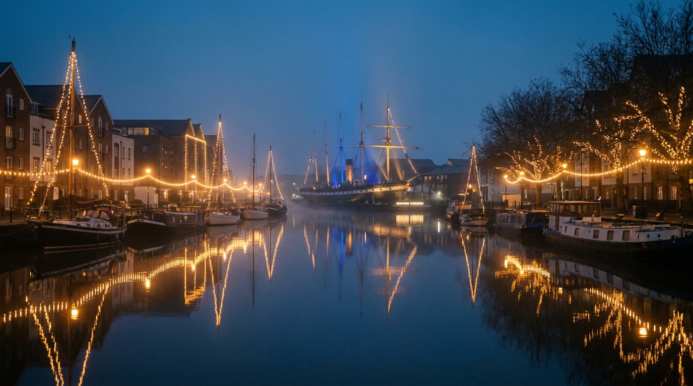 Bristol harbourside lit with warm Christmas lights at twilight