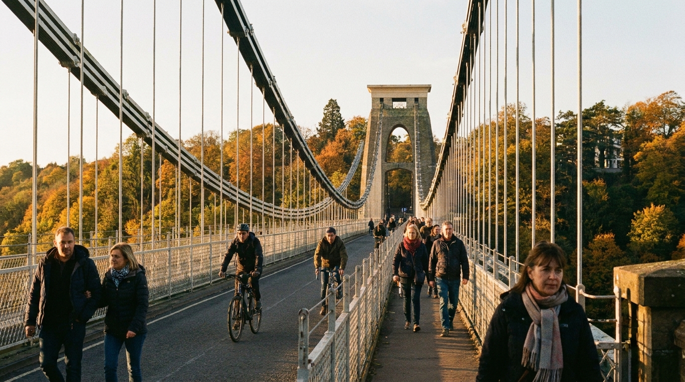 People walking across Clifton Suspension Bridge in autumn light