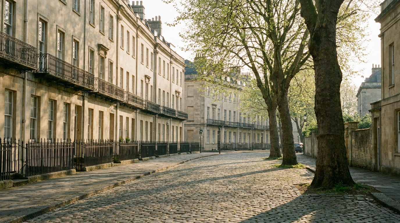 Pale Georgian crescents on a Clifton hillside street in spring sunshine