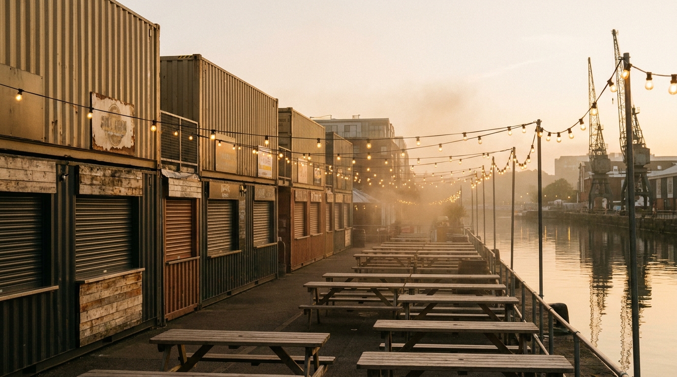Food stalls at Wapping Wharf container village on Bristol harbourside