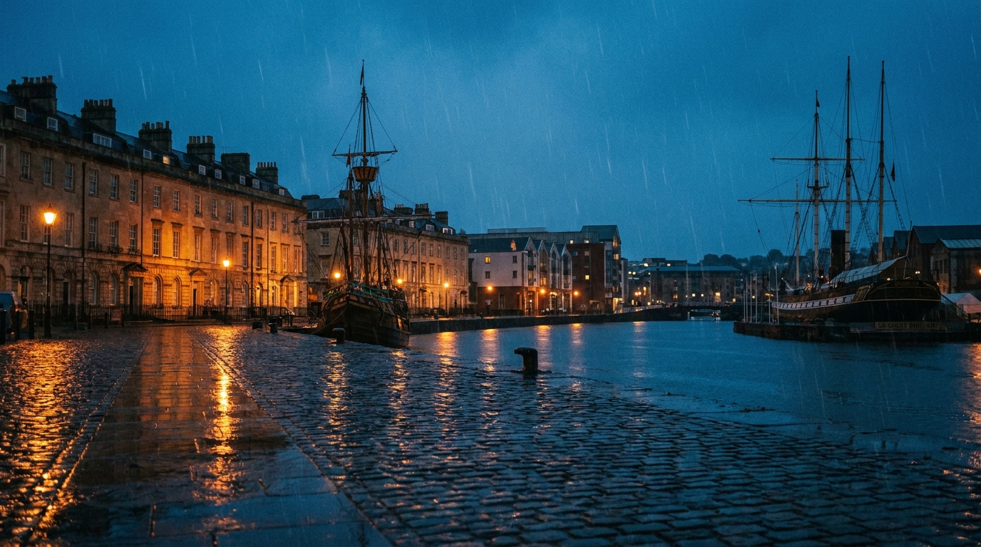 Wet pavement reflecting the lights of Bristol harbourside at dusk