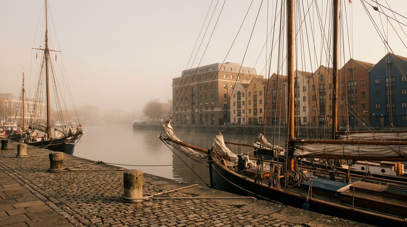 Boats moored at Broad Quay in the Bristol Floating Harbour, with the Arnolfini in the background
