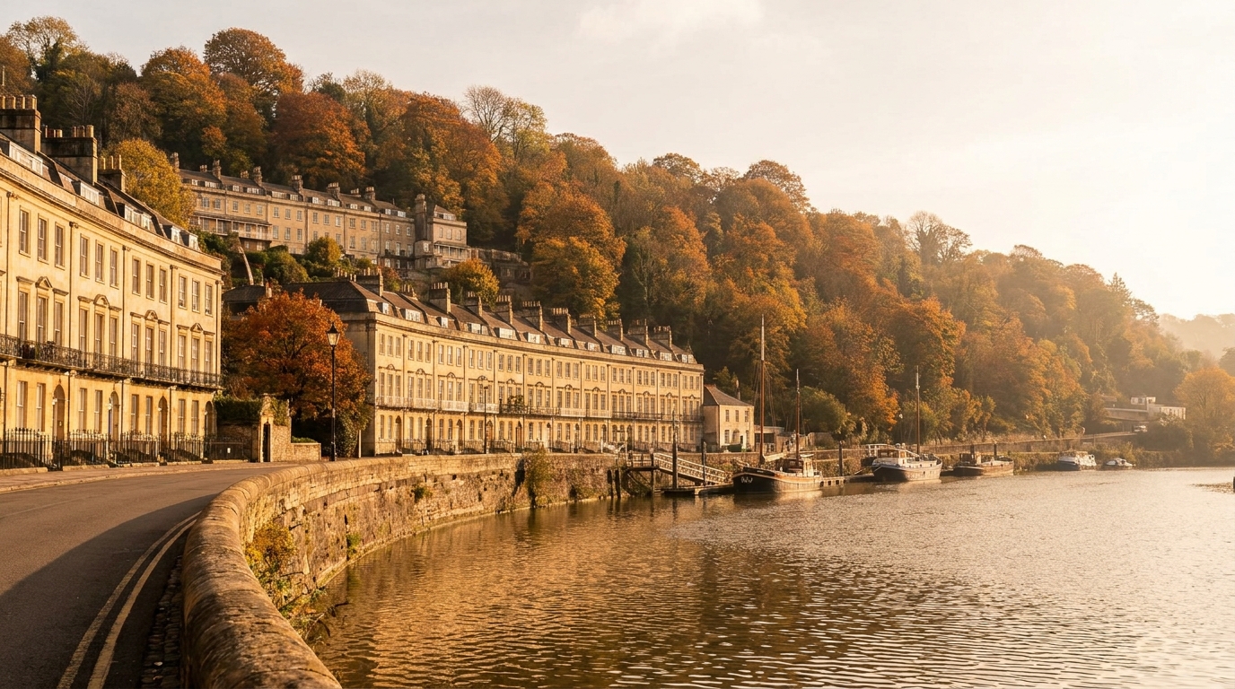 Hotwell Road along the Bristol Floating Harbour with Georgian terraces climbing up to Clifton