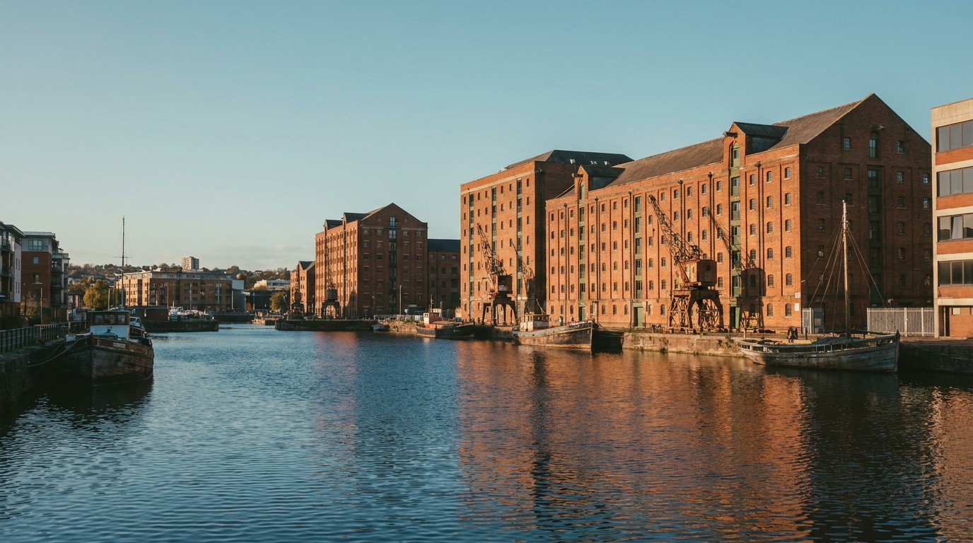 Spike Island peninsula in Bristol, with the Harbourside and boatyards