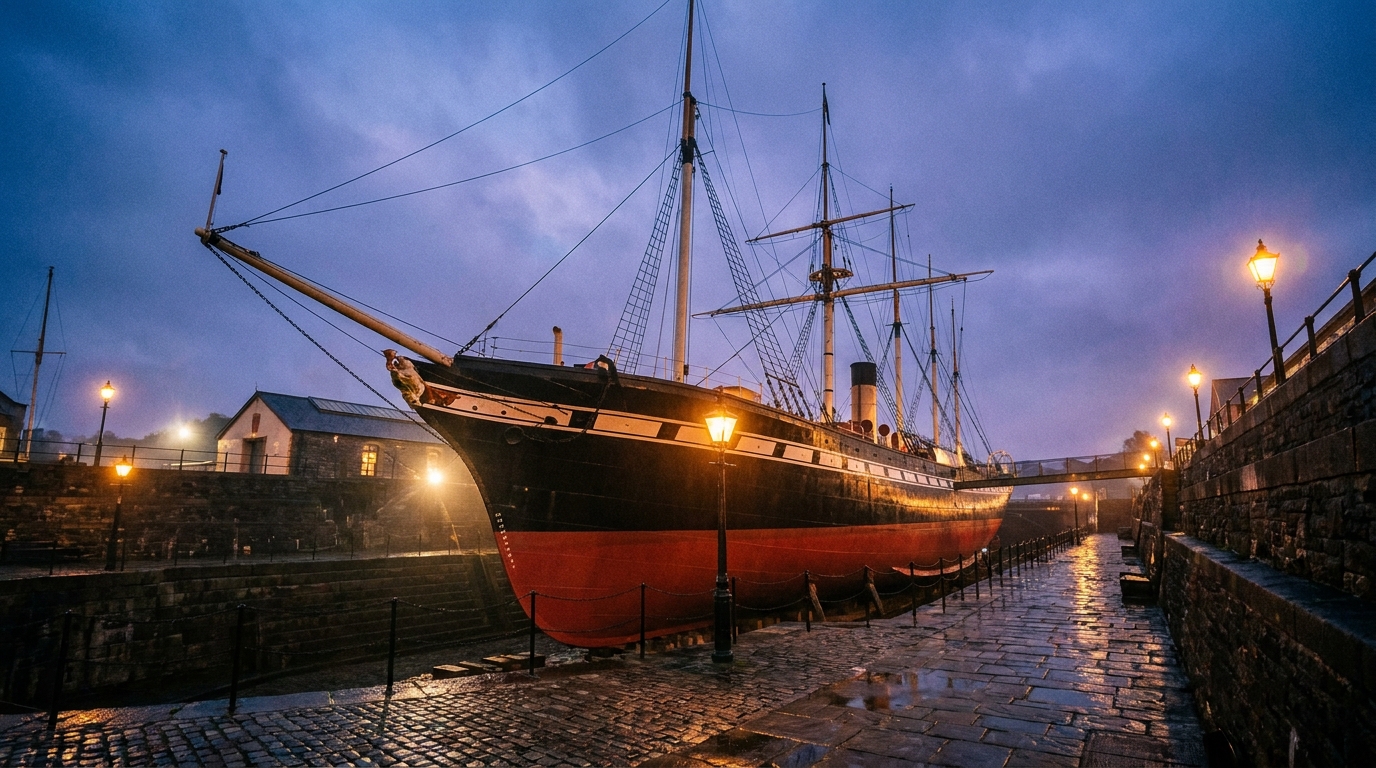 The historic ss Great Britain ship in her Bristol dry dock at twilight