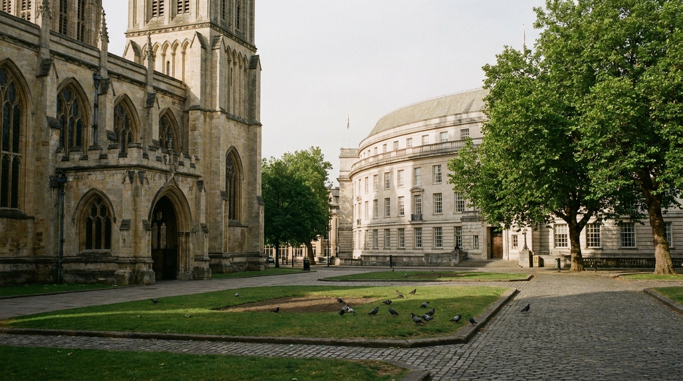 College Green in front of Bristol Cathedral with the curved City Hall facade