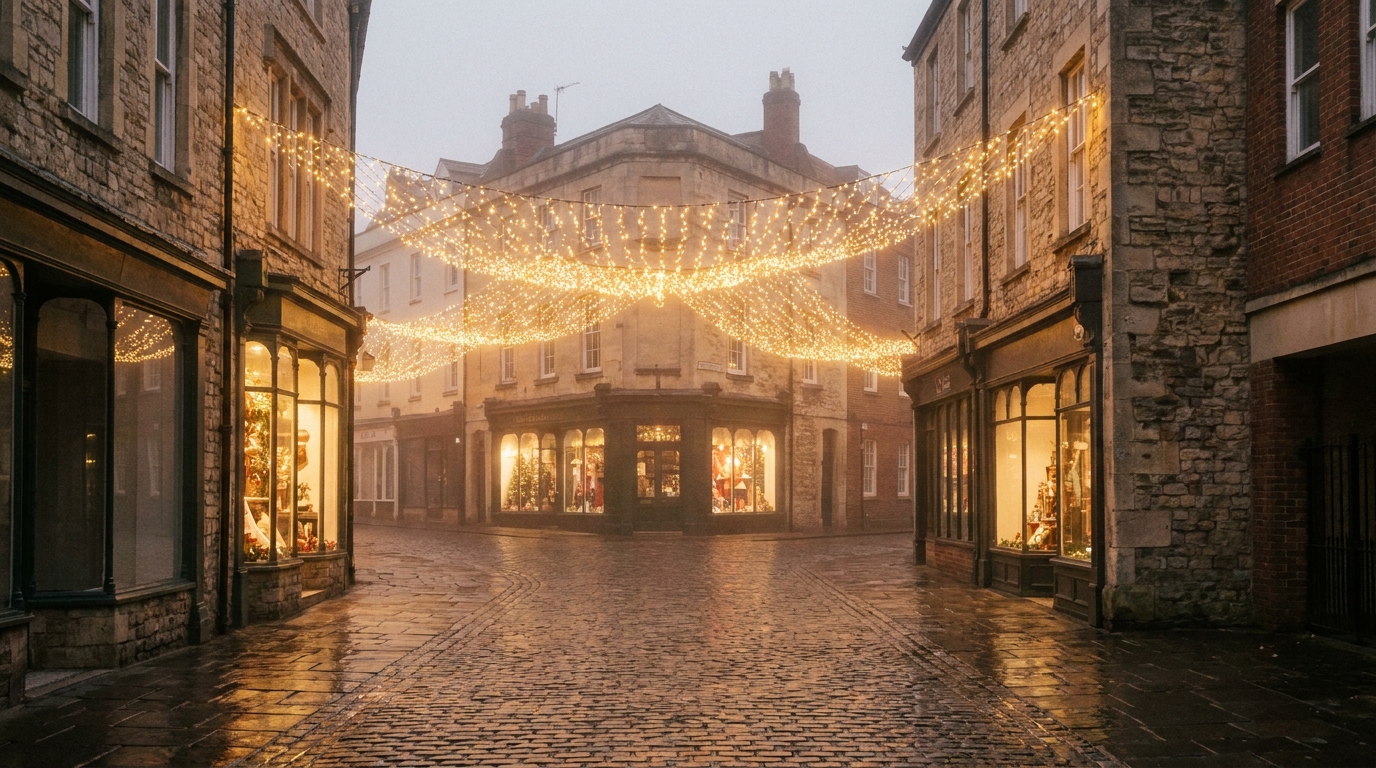 Pedestrian shoppers on Broadmead in Bristol with Christmas lights overhead