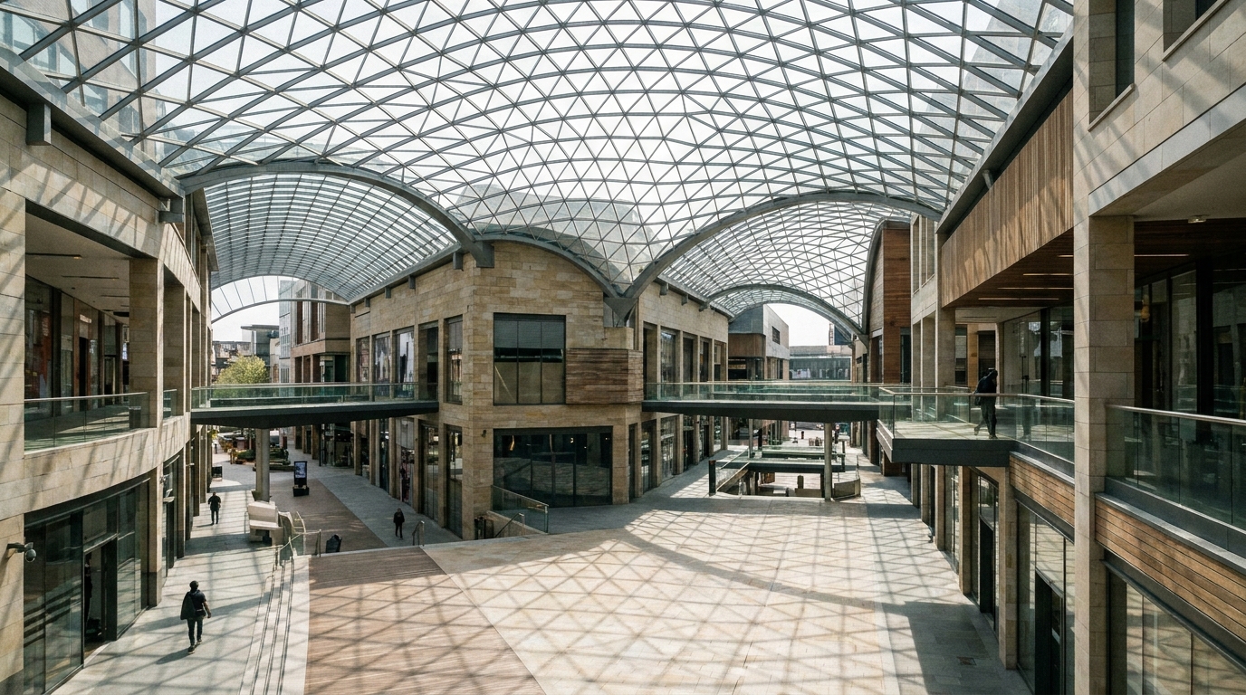The curved glass canopy roof of Cabot Circus shopping centre in Bristol