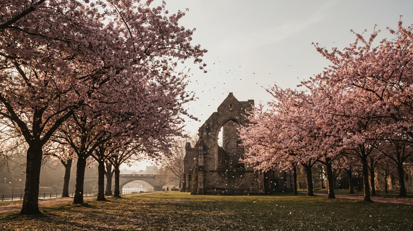 Cherry blossom in Castle Park Bristol with the river beyond