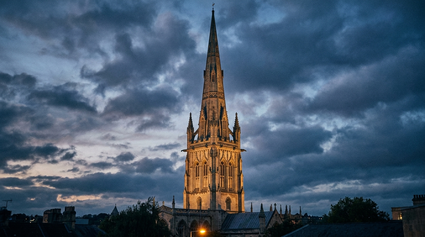 The tall Gothic spire of St Mary Redcliffe church in Bristol