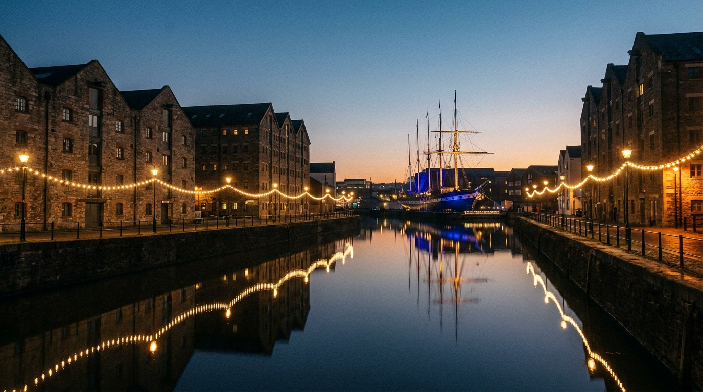 Bristol harbourside lit up for Christmas at twilight
